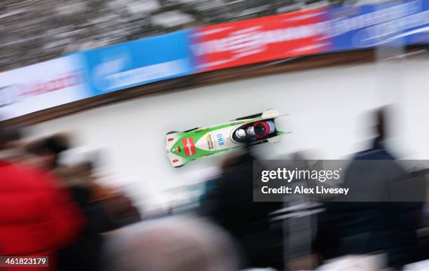 Francesco Friedrich and Jannis Baecker of Germany in action during the final heat of the Men's Bobsleigh at the Viessmann FIBT Bob & Skeleton World...