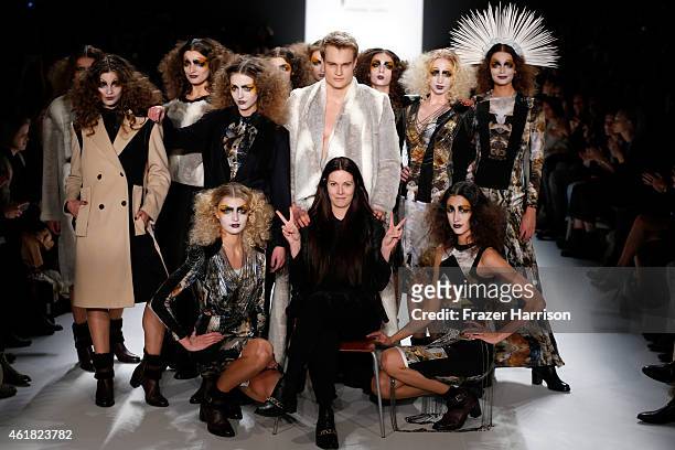 Designer Rebekka Ruetz poses on the runway with models at the Rebekka Ruetz show during the Mercedes-Benz Fashion Week Berlin Autumn/Winter 2015/16...