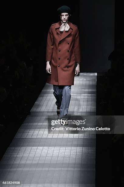 Model wals the runway during the Gucci Show as part of Milan Menswear Fashion Week Fall Winter 2015/2016 on January 19, 2015 in Milan, Italy.