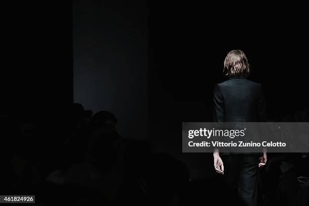 Model wals the runway during the Gucci Show as part of Milan Menswear Fashion Week Fall Winter 2015/2016 on January 19, 2015 in Milan, Italy.