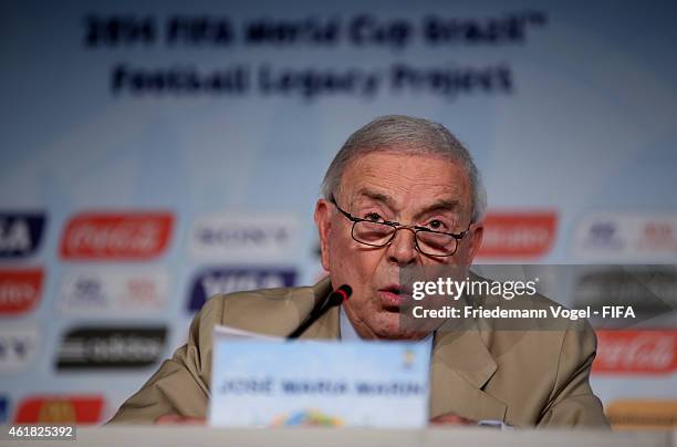 And Local Organising Committee President Jose Maria Marin attends the 2014 FIFA World Cup Football Legacy Project media briefing at Arena Corinthians...