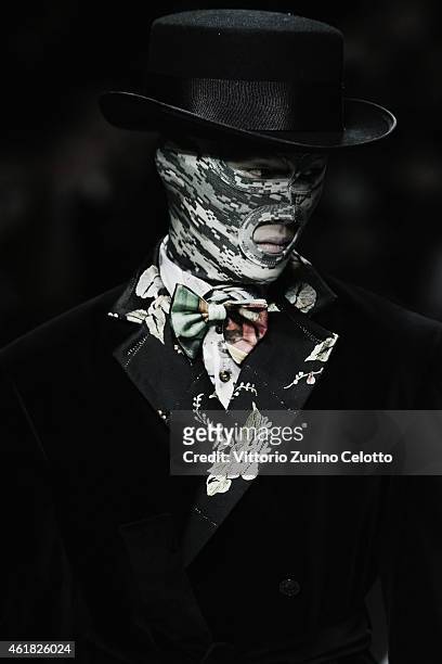 Model walks the runway during the Vivienne Westwood Show as a part of Milan Menswear Fashion Week Fall Winter 2015/2016 on January 18, 2015 in Milan,...