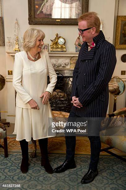 Camilla, Duchess of Cornwall meets radio presenter Chris Evans following the launch of BBC Radios 2's '500 Words', a children's story-writing...