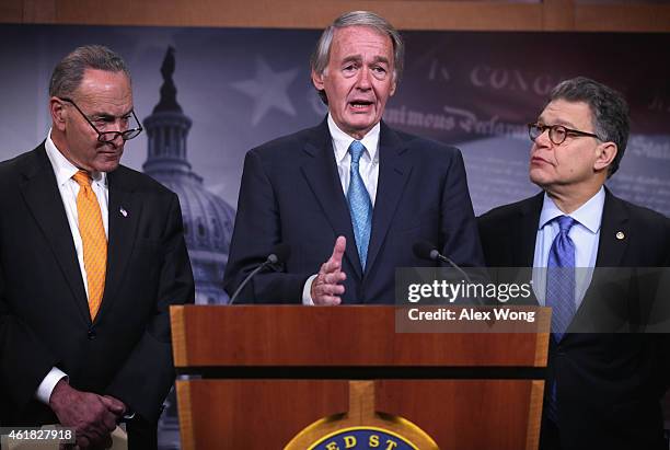 Sen. Edward Markey speaks as Sen. Al Franken and Sen. Charles Schumer listen during a news conference January 20, 2015 on Capitol Hill in Washington,...