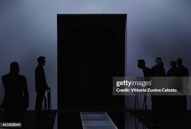 Atmosphere before Giorgio Armani Show as part of Milan Menswear Fashion Week Fall Winter 2015/2016 on January 20, 2015 in Milan, Italy.