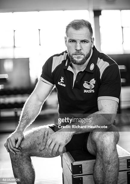 Wasps Back Row James Haskell poses for a portrait during a Wasps media session on January 20, 2015 in Acton, England.