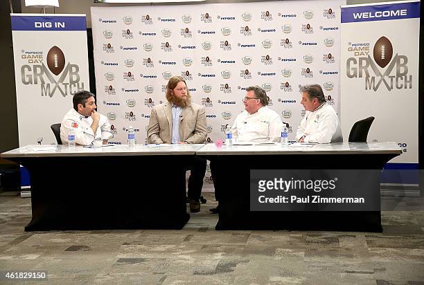 Judges Corporate Executive Research Chef for PepsiCo, Stephen Kalil, NFL player New York Jets, Nick Mangold, James Beard Award winner and Bravo Top...
