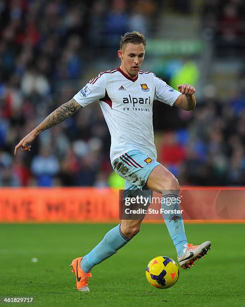 West Ham player Jack Collinson in action during the Barclays Premier League match between Cardiff City and West Ham United at Cardiff City Stadium on...