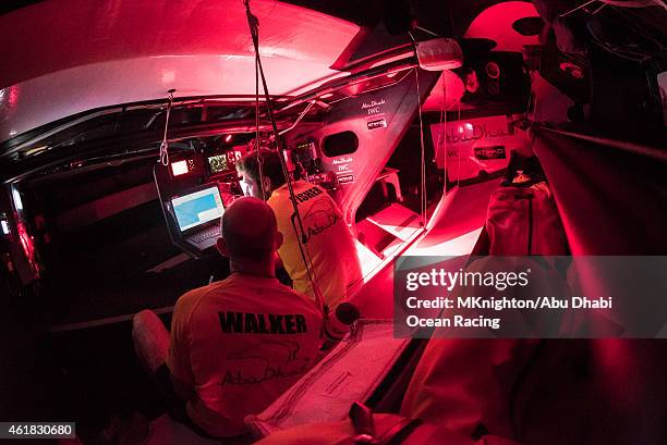 In this handout image provided by the Volvo Ocean Race, onboard Abu Dhabi Ocean Racing. Ian Walker and Simon "SiFi" Fisher in the nav station in the...
