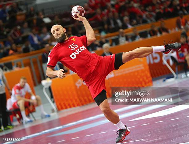 Russia's Konstantin Igropulo attempts a shot on goal during the 24th Men's Handball World Championships preliminary round Group D match between...