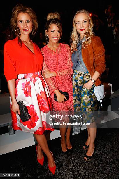 Mareile Hoeppner, Sylvie Meis and Janin Reinhardt attend the Marc Cain show during the Mercedes-Benz Fashion Week Berlin Autumn/Winter 2015/16 at...