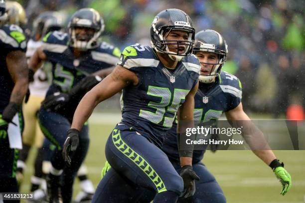 DeShawn Shead of the Seattle Seahawks reacts after tackling Darren Sproles of the New Orleans Saints on a kick return in the second quarter during...