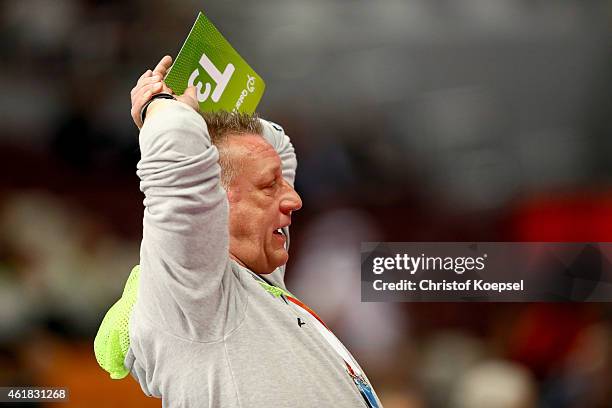 Head coach Michael Biegler of Poland looks thoughtful during the IHF Men's Handball World Championship group D match between Poland and Russia at...