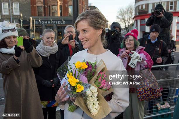 Sophie, Countess of Wessex greets onlookers during a visit to the Tomorrow's People Social Enterprises on her 50th birthday at St Anselm's Church on...