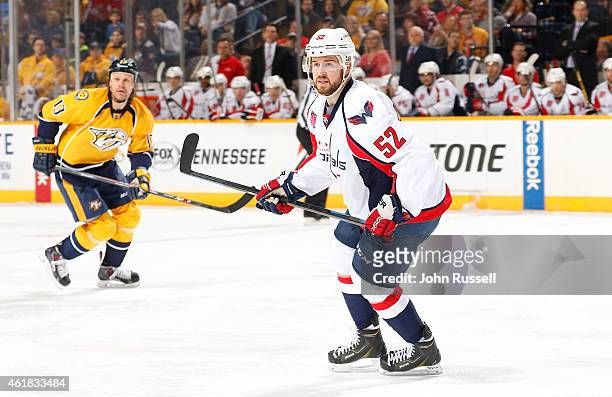 Mike Green of the Washington Capitals skates against the Nashville Predators during an NHL game at Bridgestone Arena on January 16, 2015 in...