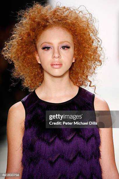 Model Anna Ermakova walks the runway at the Riani show during the Mercedes-Benz Fashion Week Berlin Autumn/Winter 2015/16 at Brandenburg Gate on...