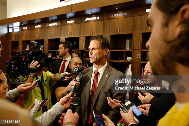 General Manager Trent Baalke talks to the media in the locker room following a press conference at Levi's Stadium on January 15, 2015 in Santa Clara,...