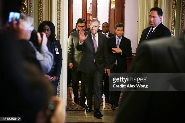 Senate Minority Leader Sen. Harry Reid arrives at the Senate Democratic weekly policy luncheon at the U.S. Capitol January 20, 2015 on Capitol Hill...
