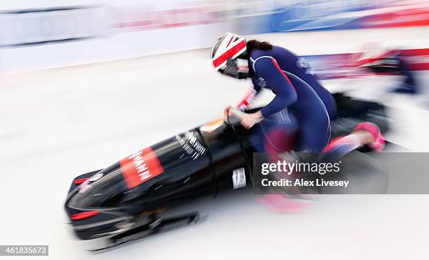 Paula Walker and Rebekah Wilson of Great Britain start heat one of the Women's Bobsleigh competition at the Viessmann FIBT Bob & Skeleton World Cup...