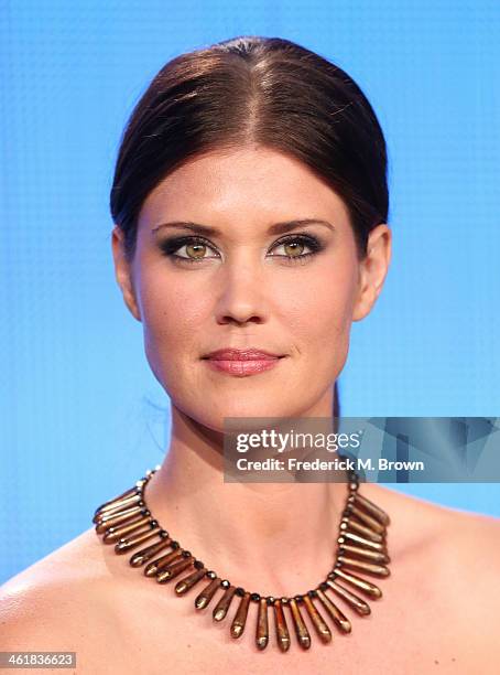 Actress Sarah Lancaster speaks onstage during the 'Love Finds You in Sugar Creek, Ohio' panel discussion at the UP portion of the 2014 Winter...