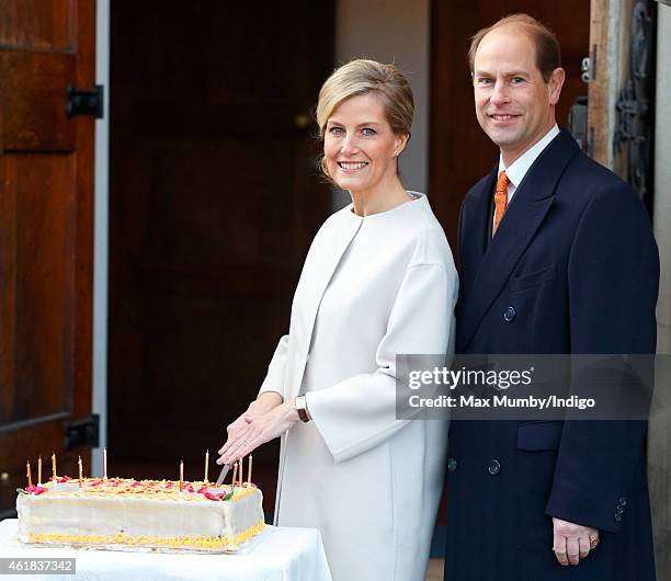 Sophie, Countess of Wessex cuts her birthday cake as she and Prince Edward, Earl of Wessex visit the Tomorrow's People Social Enterprises at St...