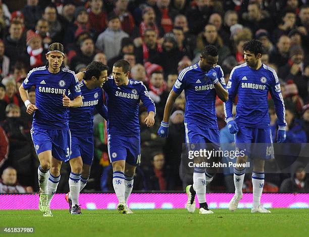 Eden Hazard of Chelsea celebrates his penalty goal during the Capital One Cup Semi-Final First Leg between Liverpool and Chelsea at Anfield on...