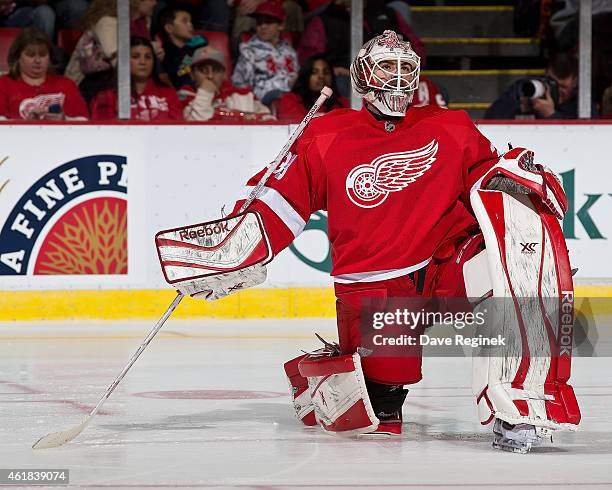 Tom McCollum of the Detroit Red Wings stretches on a TV time out during a NHL game against the Buffalo Sabres on January 18, 2015 at Joe Louis Arena...