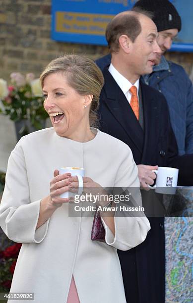 Sophie, Countess of Wessex enjoys a hot drink during a visit to Tomorrow's People Social Enterprises at St. Anselm's Church on her 50th birthday on...