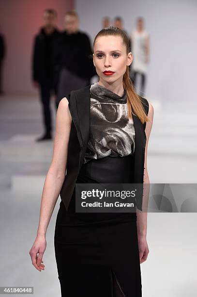 Model poses at the Kaseee show during the Mercedes-Benz Fashion Week Berlin Autumn/Winter 2015/16 at Brandenburg Gate on January 20, 2015 in Berlin,...