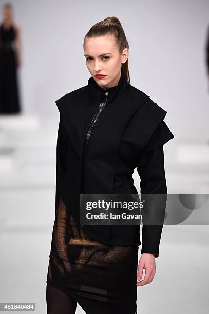 Model poses at the Kaseee show during the Mercedes-Benz Fashion Week Berlin Autumn/Winter 2015/16 at Brandenburg Gate on January 20, 2015 in Berlin,...