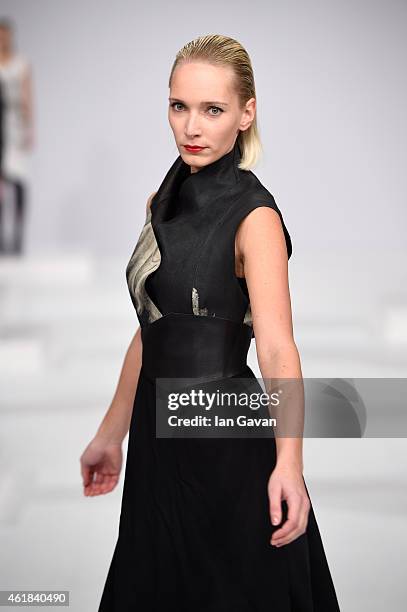 Model poses at the Kaseee show during the Mercedes-Benz Fashion Week Berlin Autumn/Winter 2015/16 at Brandenburg Gate on January 20, 2015 in Berlin,...