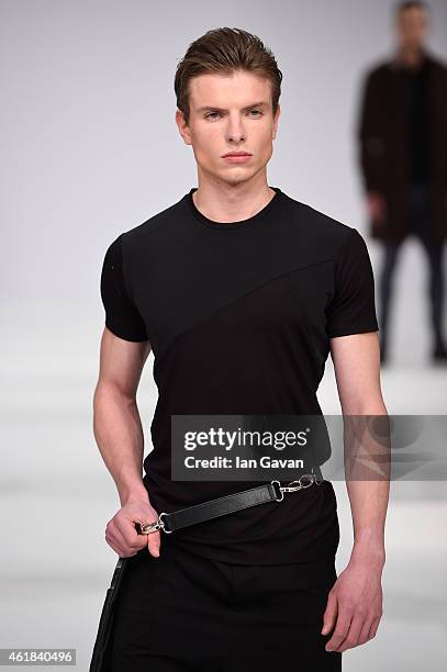 Model poses at the Kaseee show during the Mercedes-Benz Fashion Week Berlin Autumn/Winter 2015/16 at Brandenburg Gate on January 20, 2015 in Berlin,...