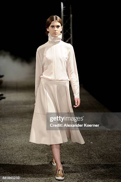Model walks the runway at the Holy Ghost show during the Mercedes-Benz Fashion Week Berlin Autumn/Winter 2015/16 at Ho Project Space on January 20,...