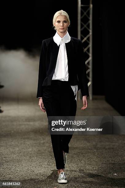 Model walks the runway at the Holy Ghost show during the Mercedes-Benz Fashion Week Berlin Autumn/Winter 2015/16 at Ho Project Space on January 20,...