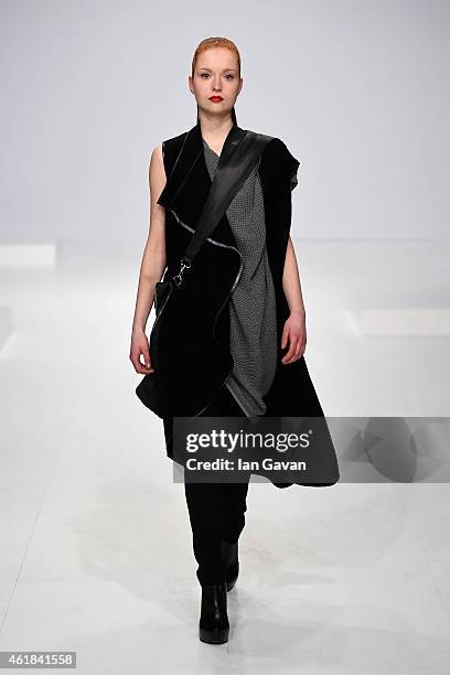 Model walks the runway at the Kaseee show during the Mercedes-Benz Fashion Week Berlin Autumn/Winter 2015/16 at Brandenburg Gate on January 20, 2015...