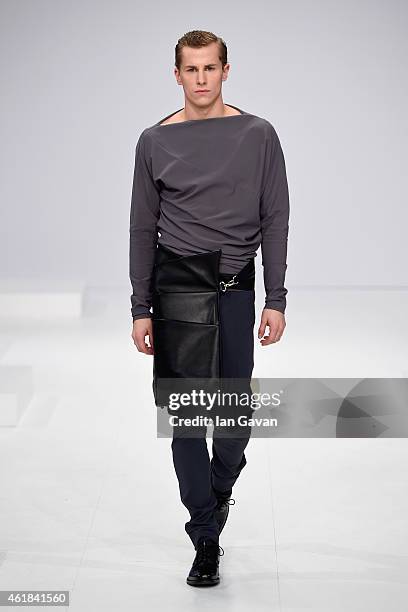 Model walks the runway at the Kaseee show during the Mercedes-Benz Fashion Week Berlin Autumn/Winter 2015/16 at Brandenburg Gate on January 20, 2015...