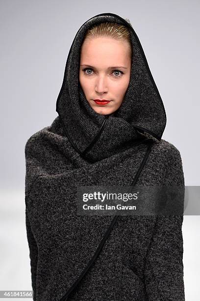 Model poses at the Kaseee show during the Mercedes-Benz Fashion Week Berlin Autumn/Winter 2015/16 at Brandenburg Gate on January 20, 2015 in Berlin,...