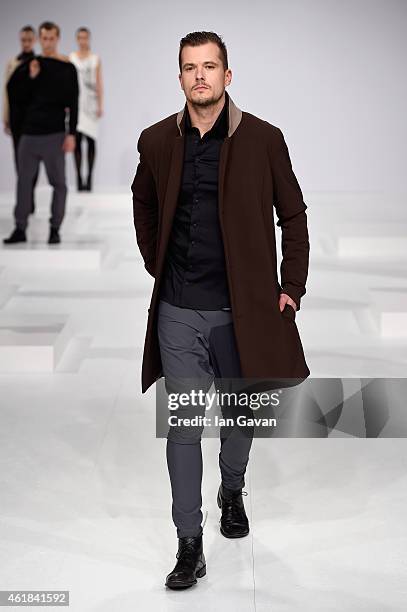 Model walks the runway at the Kaseee show during the Mercedes-Benz Fashion Week Berlin Autumn/Winter 2015/16 at Brandenburg Gate on January 20, 2015...