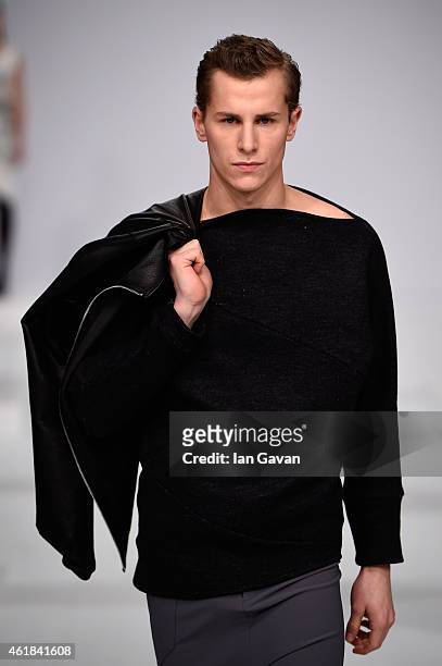 Model walks the runway at the Kaseee show during the Mercedes-Benz Fashion Week Berlin Autumn/Winter 2015/16 at Brandenburg Gate on January 20, 2015...