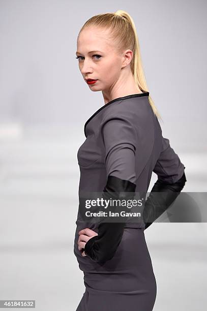 Model poses at the Kaseee show during the Mercedes-Benz Fashion Week Berlin Autumn/Winter 2015/16 at Brandenburg Gate on January 20, 2015 in Berlin,...