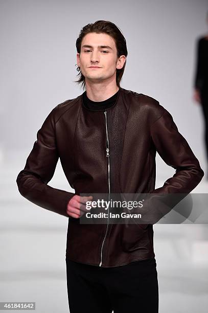 Model poses at the Kaseee show during the Mercedes-Benz Fashion Week Berlin Autumn/Winter 2015/16 at Brandenburg Gate on January 20, 2015 in Berlin,...