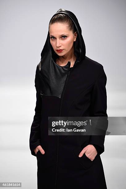 Model poses at the Kaseee show during the Mercedes-Benz Fashion Week Berlin Autumn/Winter 2015/16 at Brandenburg Gate on January 20, 2015 in Berlin,...