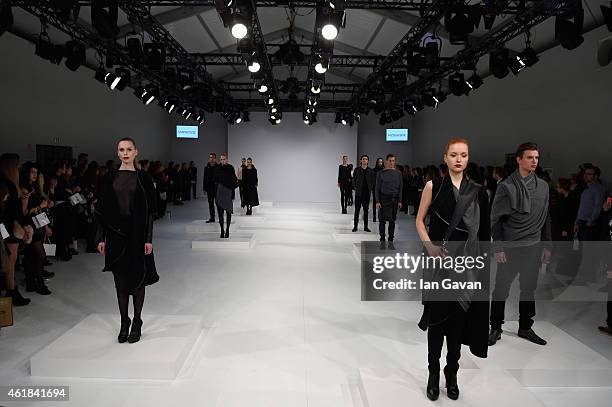 Models pose at the Kaseee show during the Mercedes-Benz Fashion Week Berlin Autumn/Winter 2015/16 at Brandenburg Gate on January 20, 2015 in Berlin,...