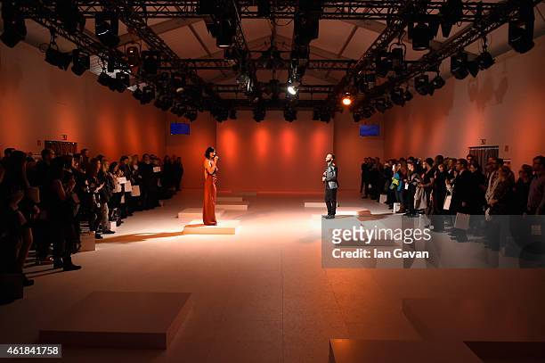 Singers perform at the Kaseee show during the Mercedes-Benz Fashion Week Berlin Autumn/Winter 2015/16 at Brandenburg Gate on January 20, 2015 in...