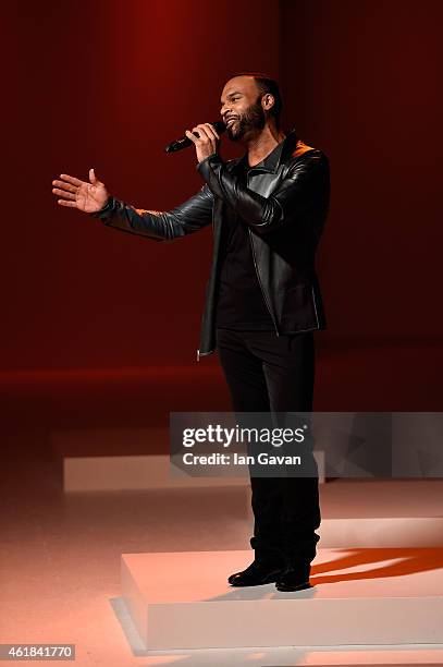 Singer performs at the Kaseee show during the Mercedes-Benz Fashion Week Berlin Autumn/Winter 2015/16 at Brandenburg Gate on January 20, 2015 in...