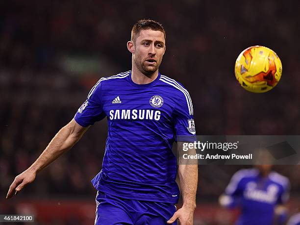 Gary Cahill of Chelsea in action during the Capital One Cup Semi-Final First Leg between Liverpool and Chelsea at Anfield on January 20, 2015 in...