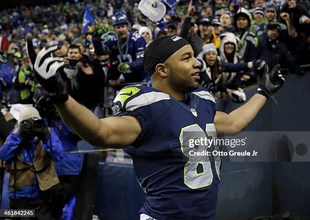 Wide receiver Golden Tate of the Seattle Seahawks celebrates the Seahawks 23-15 victory against the New Orleans Saints during the NFC Divisional...