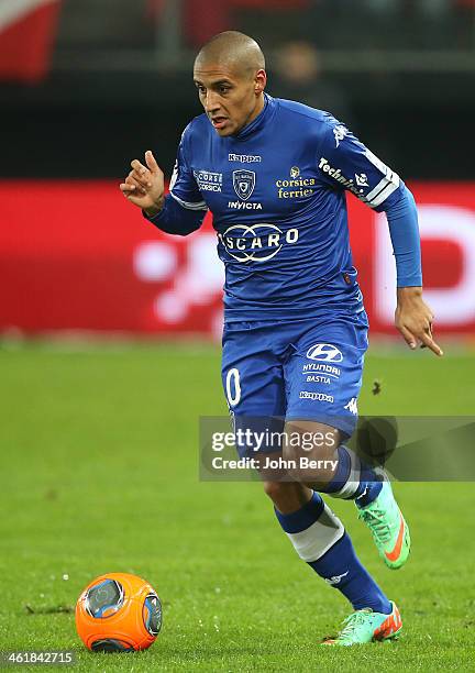 Wahbi Khazri of Bastia in action during the french Ligue 1 match between Valenciennes FC and SC Bastia at the Stade du Hainaut on January 11, 2014 in...