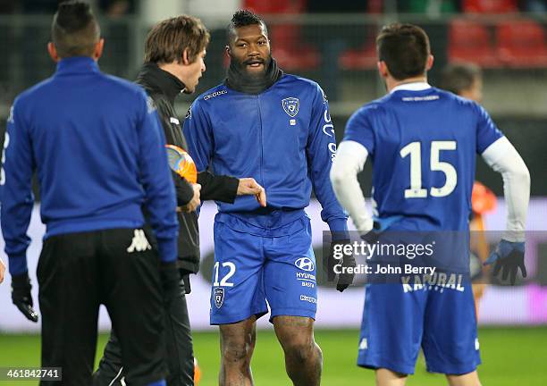 Djibril Cisse of Bastia warms up prior to the french Ligue 1 match between Valenciennes FC and SC Bastia at the Stade du Hainaut on January 11, 2014...