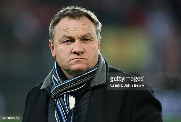 Frederic Hantz, coach of Bastia looks on during the french Ligue 1 match between Valenciennes FC and SC Bastia at the Stade du Hainaut on January 11,...